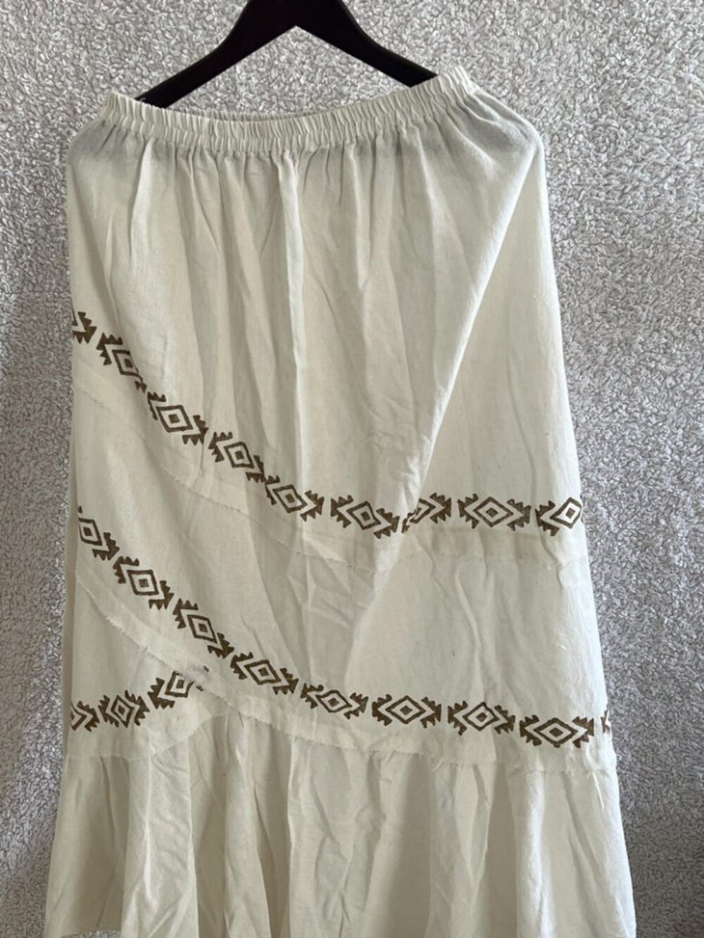 Thearah White Organic Cotton Maxi Skirt, Cascading Panels and Geometric Borders